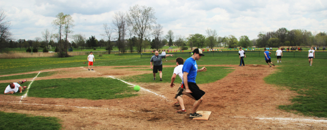 The kickball tournament took place in May. Photo by Doug Rosenthal.
