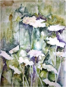 Mary Touchette semi abstract watercolors with mixed media called Queen‘s Lace and Pussy Willows.