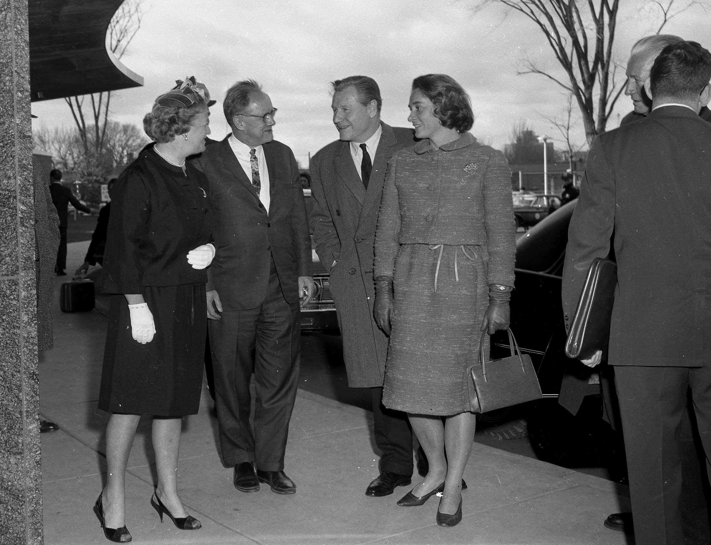 Drs. Cookie and Jake Jacobsen meet with NY Governor Nelson Rockefeller and his wife, Happy, at the newly opened Upstate University Hospital, 1965.