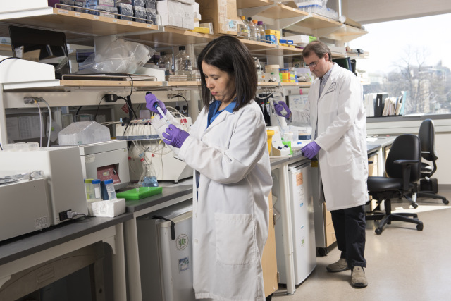 Reyna Martinez-De Luna, PhD, and Michael Zuber, PhD, at the Center for Vision Research in the Institute for Human Performance.