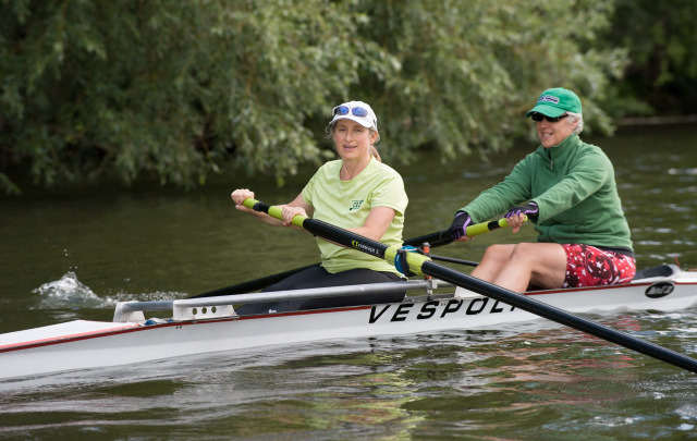Jennifer Moffat, PhD (front), with rowing partner, Mindy Holgate. Moffat is an associate professor of microbiology and immunology at Upstate.