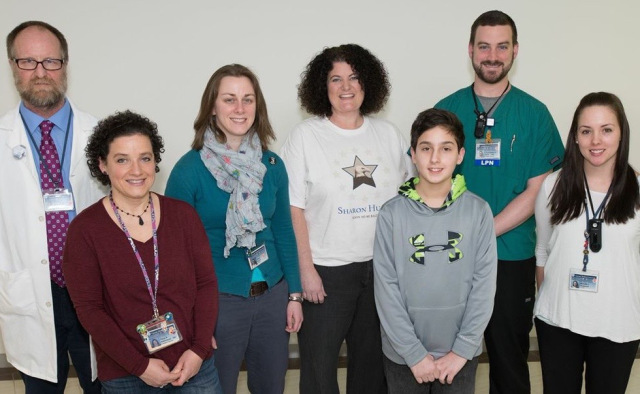 Shown before the St. Baldrick‘s event are (from left) Russell Kincaid, Tracy Kalinowski, Clare Rauch, Sharon Huard, Alex Kalinowski, Christopher White and Michelle Bergquist. All are Upstate employees except Alex, who is Tracy Kalinowski‘s son.