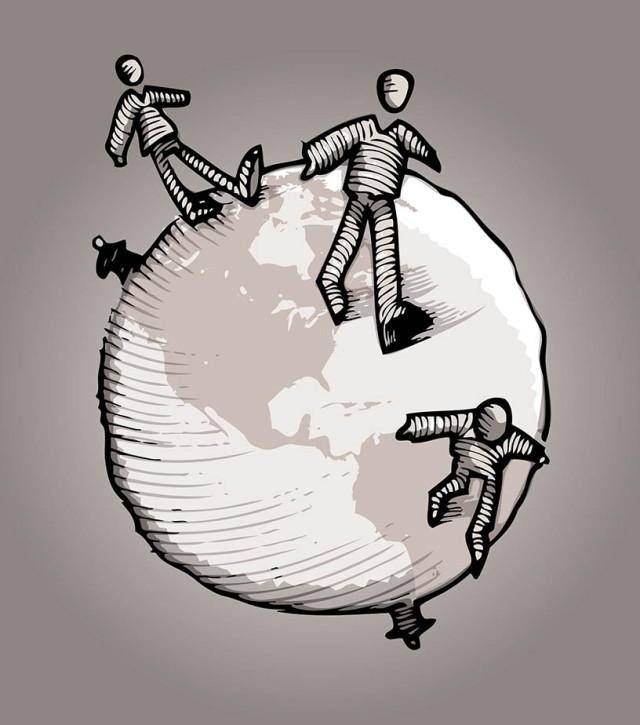 Drawing of refugees spanning globe