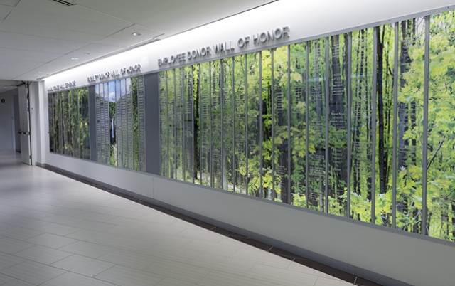The memorial wall at the Cancer Center is a reminder that donors likes the Moores hope to keep up the fight against cancer. (PHOTO BY ROBERT MESCAVAGE)