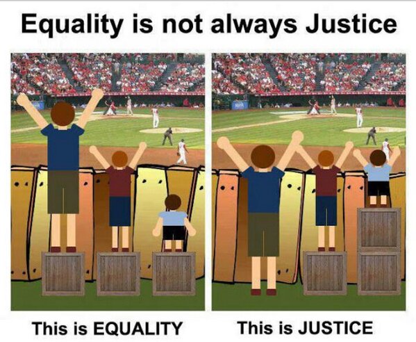 This image, comparing equality and justice, hangs in Thompson‘s office at Upstate.