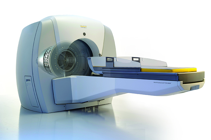 Exterior view of the gamma knife, a device that is designed to deliver high doses of radiation to targeted areas of the brain without damaging surrounding tissue.