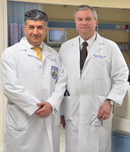 Mark Laftavi, MD (left). and Oleh Pankewycz, MD (right), were recruited by Gruessner to be the surgical director and medical director, respectively, of Upstate University Hospital's pancreas transplant program. The two men previously directed the transplant program at the Erie County Medical Center, the teaching hospital for the University at Buffalo Jacobs School of Medicine. (PHOTO BY DEBORAH REXINE).