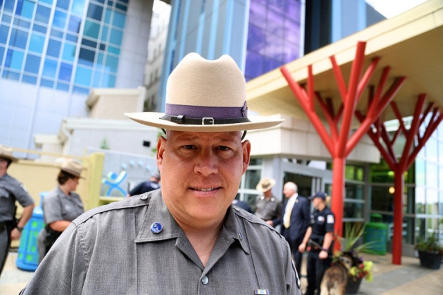 State Police Sgt. Jeff Cicora, who is battling stage 4 cancer, threw a party for patients at the Upstate Golisano Children's Hospital to take his mind off his health problems. Cicora was joined by about 20 fellow troopers and police dogs. (PHOTO BY KATHLEEN PAICE FROIO)