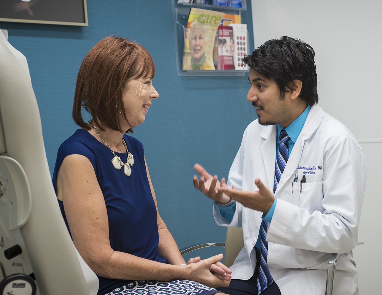 Bream with her oncologist, Muhammad Naqvi, MD. (PHOTO BY ROBERT MESCAVAGE)