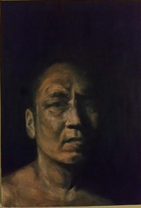 This painting was made by Young's wife about five months after his surgery. She took a photo of him when he came inside after working outdoors all morning. I remember seeing him and thinking how grateful I was that he was well enough to be active again, she explains. To me, he was looking more alive than he had been in almost two years. I wanted to capture that moment.