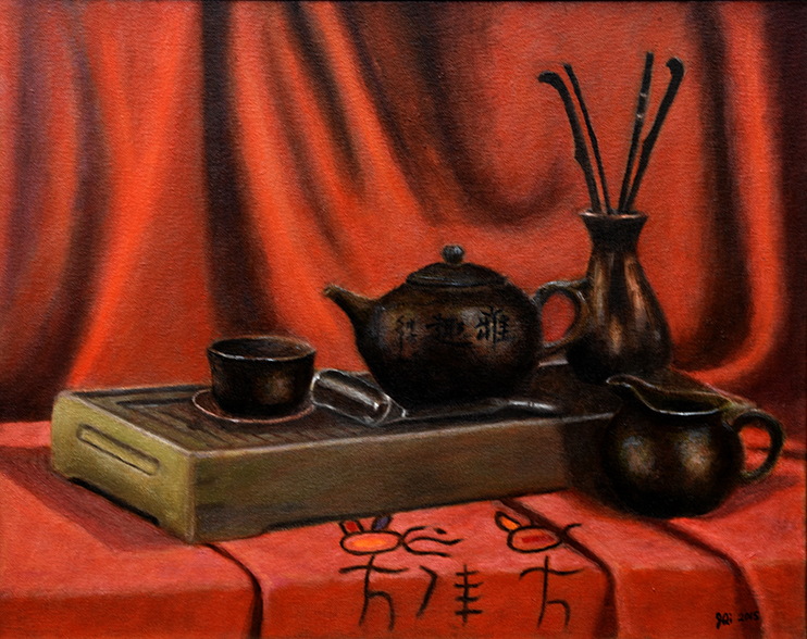 This oil painting, Chinese Tea Set, by Joyce Yue Qi, was used on the brochure for CNY Arts' On My Own Time exhibition of works by employees of local businesses and organizations.
