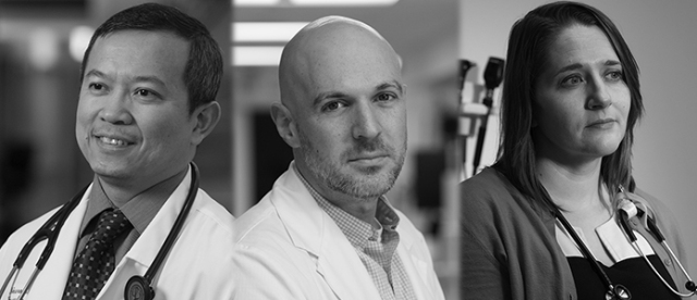 From left are neurologist Gene LaTorre, MD, medical director of Upstate's stroke service, emergency physician William Paolo, MD, and pediatrician Beth Nelsen, MD. (PHOTOS BY SUSAN KAHN)