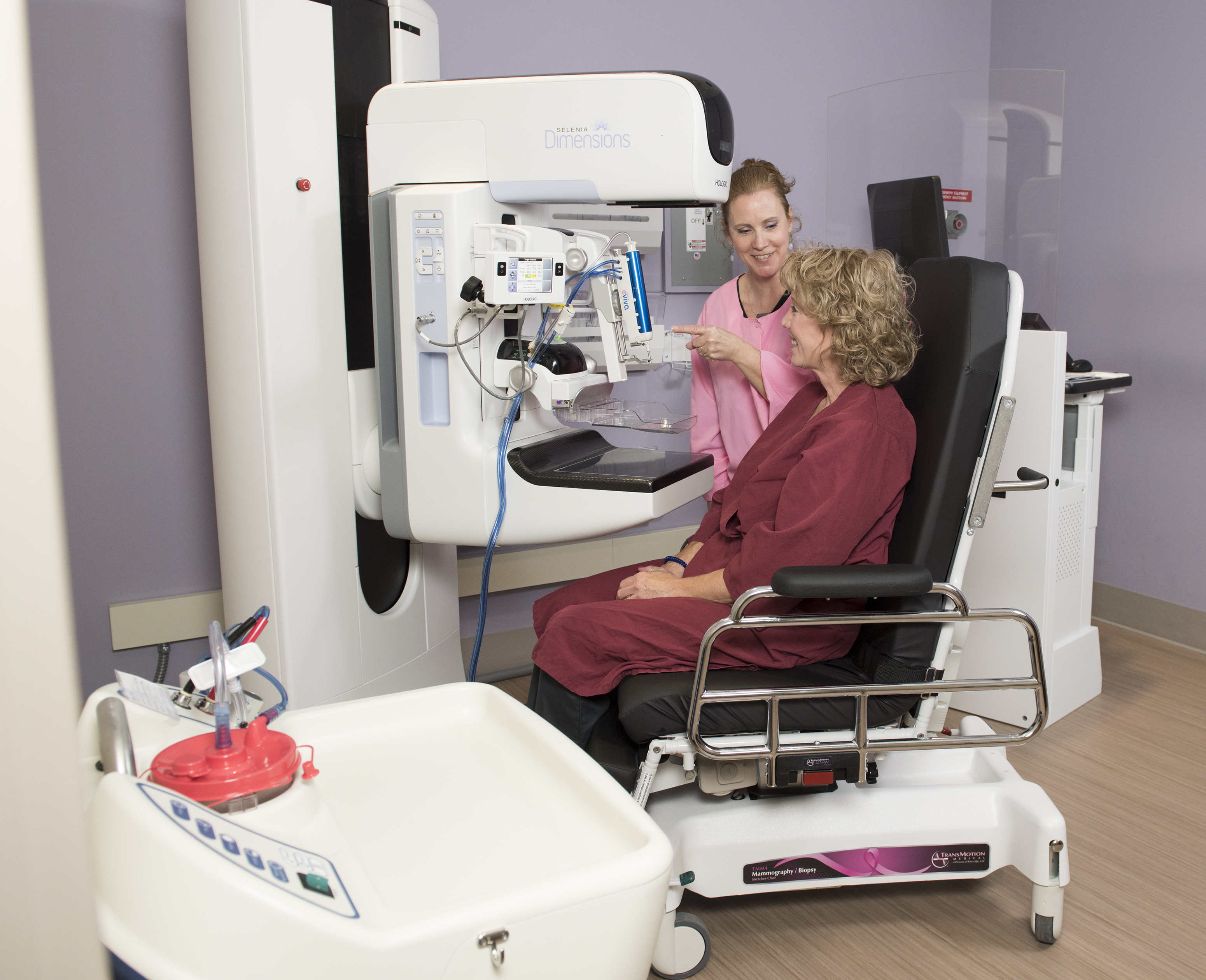 Upstate offers a 3-D guided breast biopsy option for patients whose mammograms reveal something suspicious that requires additional investigation. Using this system, radiologists can easily locate and target regions of interest for what is known as an upright core breast biopsy. The patient, seated in a comfortable chair, is positioned the same way as for a mammogram. After images pinpoint the exact location for the biopsy, a small incision is made, and a thin needle is inserted to retrieve tissue samples for analysis