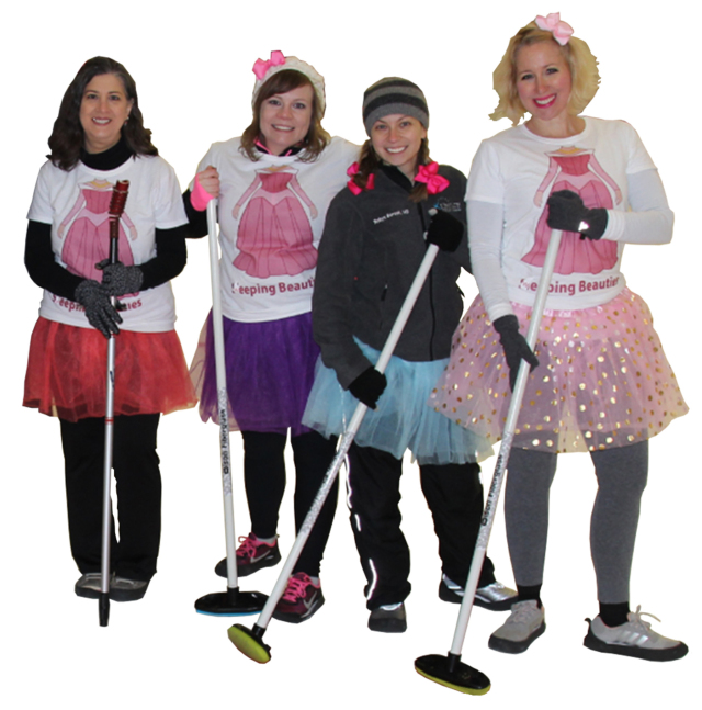 The Sweeping Beauties curling team included, from left, pediatric oncologist Gloria Kennedy, MD, pediatric residents Meghan Jacobs, MD, and Robyn Borsuk, MD, and nurse practitioner Brooke Fraser.