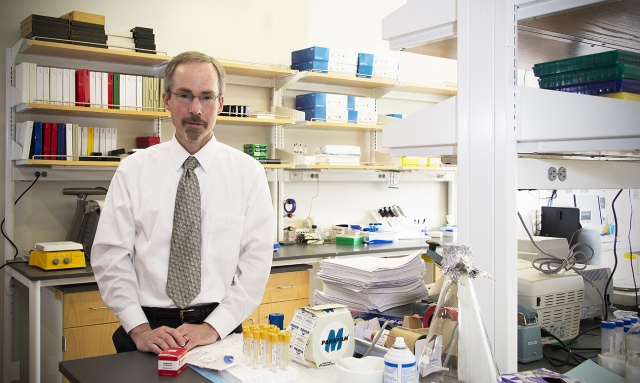 Upstate researcher Frank Middleton, PhD, is studying microRNA as a way to detect autism early, quickly and painlessly. The genetic material is present in saliva and other bodily fluids. Middleton is also doing related research into microRNA as a marker for concussion. (PHOTO BY WILLIAM MUELLER)