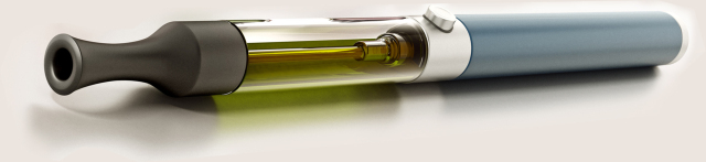 An e-cigarette, also called a vape pen, for vaping - inhaling the vapor - of the liquid nicotine within.