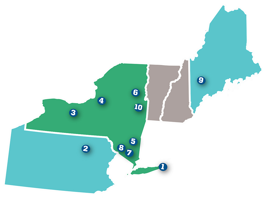 The camps shown above in New York, Pennsylvania and Maine are listed by number below.