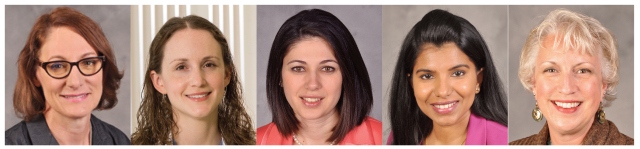 Breast cancer team of doctors at Upstate: The doctors who cared for Nancy Page during her breast cancer treatment, from left: Katherine Willer, DO, is the radiologist who performed the biopsy. Lisa Lai, MD, is the breast surgeon. Anna Shapiro, MD, is the radiation oncologist. Abi Siva, MD, is the medical oncologist. Gloria Morris, MD, PhD, is the genetic counselor. “Knowing that my treatment team understood the possible cosmetic effects of surgery was hugely comforting,” Page says.