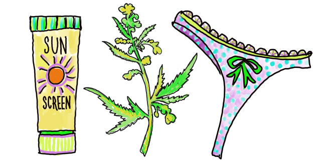 Suncreen, a hemp plant and thong underwear