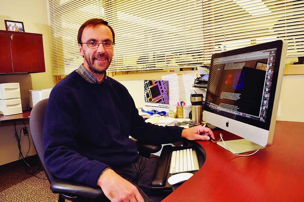 Christopher Turner, PhD, examines cancerous breast tissue donated by patients of Lisa Lai, MD, to study how the tissue environment serves as a host for cancer. (photo by William Mueller)