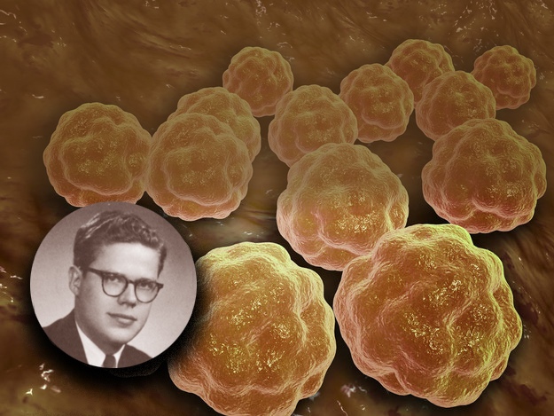 Paul Parkman, MD (inset, shown against a backdrop closeup of the rubella vaccine), graduated first in his class at Upstate in 1957.