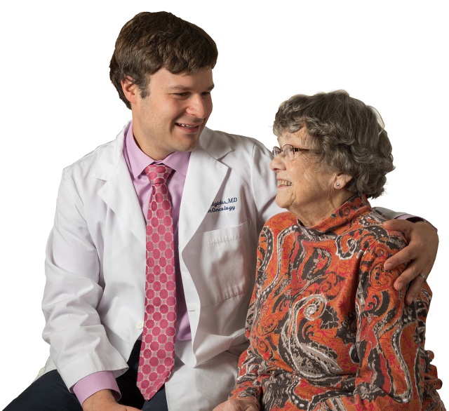 Radiation oncologist Paul Aridgides, MD, with Joan Gorton of Hamilton (photo by Robert Mescavage)