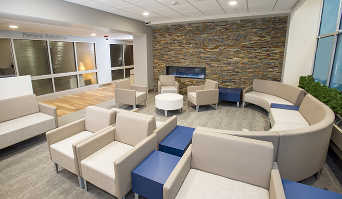This waiting area is part of the recently renovated main lobby at Upstate University Hospital. (photo by William Mueller)