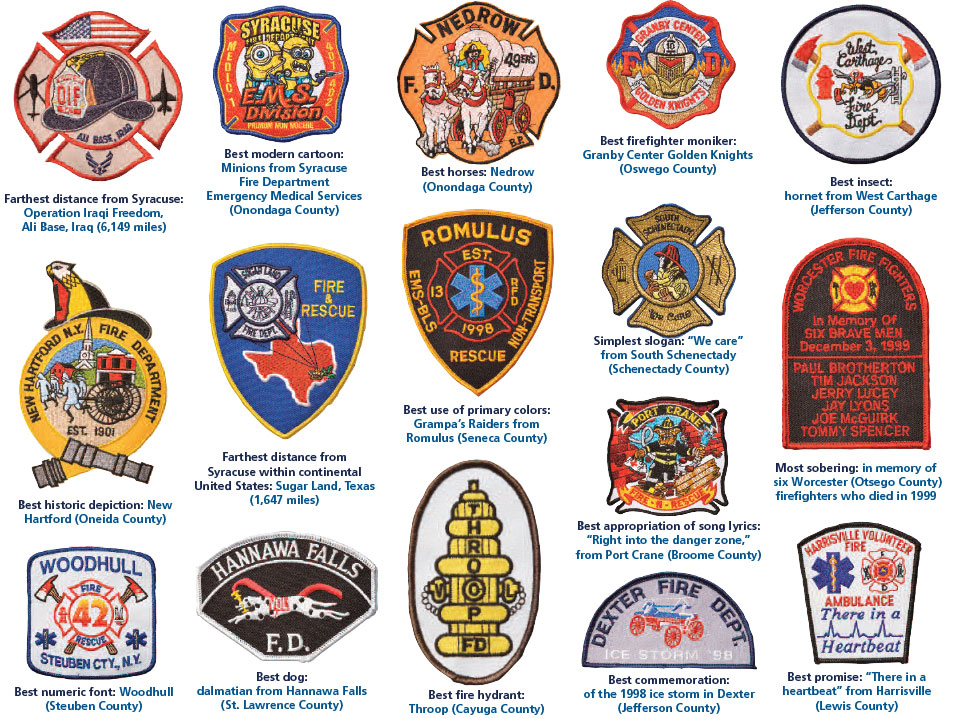 Patches from fire departments and rescue squads on display at the Clark Burn Center at Upstate.
