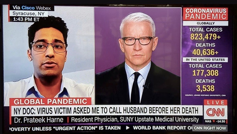 Upstate’s Prateek Harne, MD, a resident physician in internal medicine, is interviewed by CNN anchor Anderson Cooper about his experience caring for the first person in Onondaga County to die of the coronavirus.