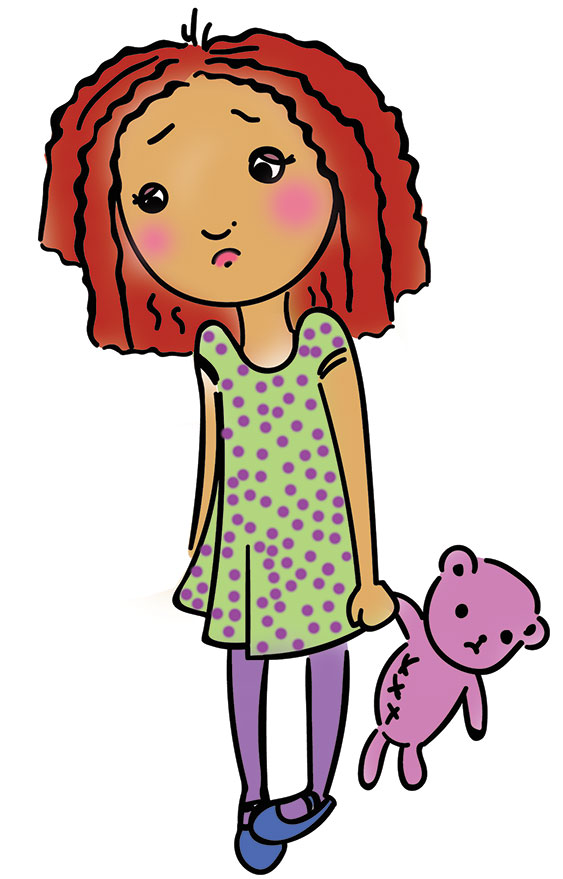 cartoon image of sad girl with teddy bear