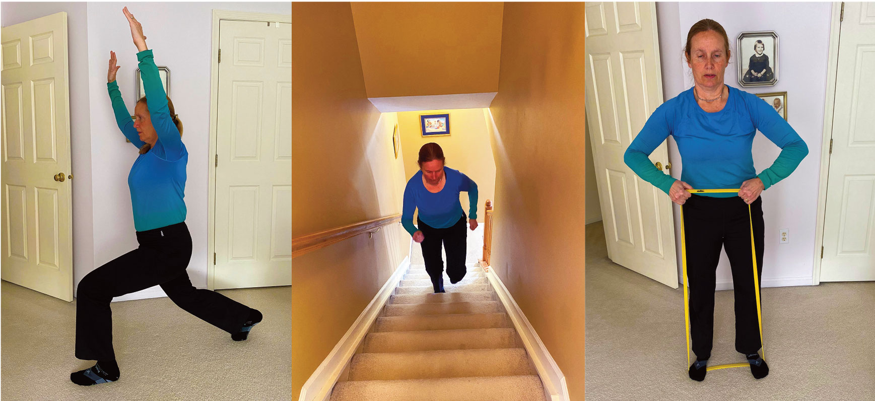 Lunges, going up and down stairs and using an exercise band are a few ways to keep fit while stuck at home, as Carol Sames, PhD, shows here. She directs Upstate's Vitality Fitness Programs. (photos courtesy of Carol Sames)