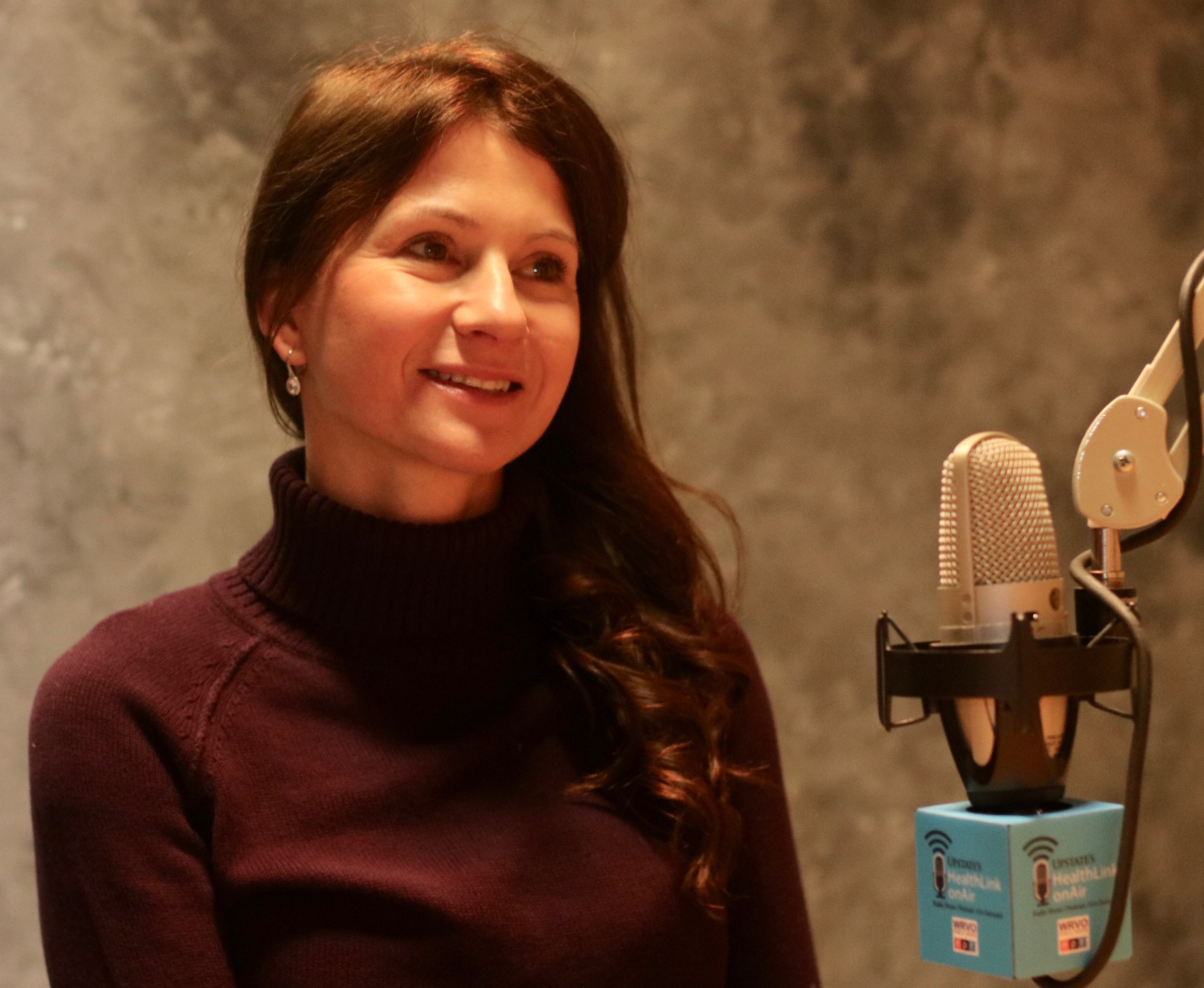Pediatric infectious disease specialist Jana Shaw, MD, shown here in a 2018 interview, speaks about COVID-19 with Upstate's radio show/podcast “HealthLink on Air”; to listen, see details at the end of this story. (photo by Jim Howe)