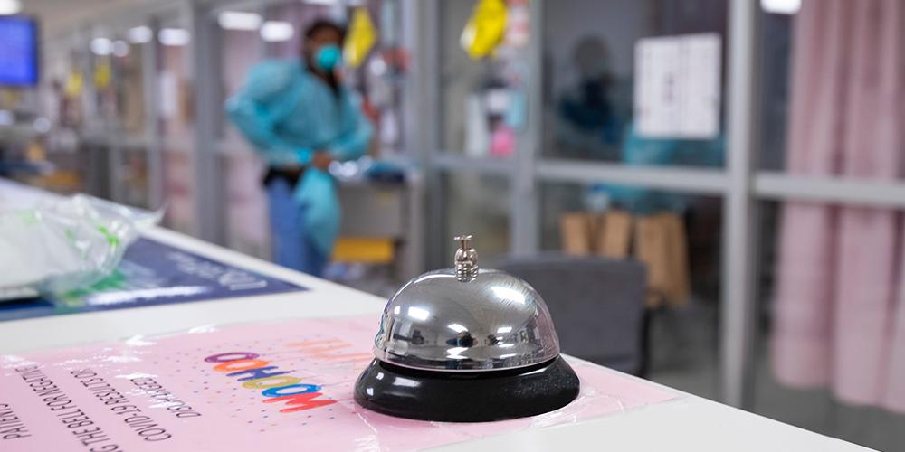 This bell is rung when a patient with COVID-19 tests negative for the virus on Upstate University Hospital’s 6K wing, which is dedicated to coronavirus patients. (photo by Robert Mescavage)