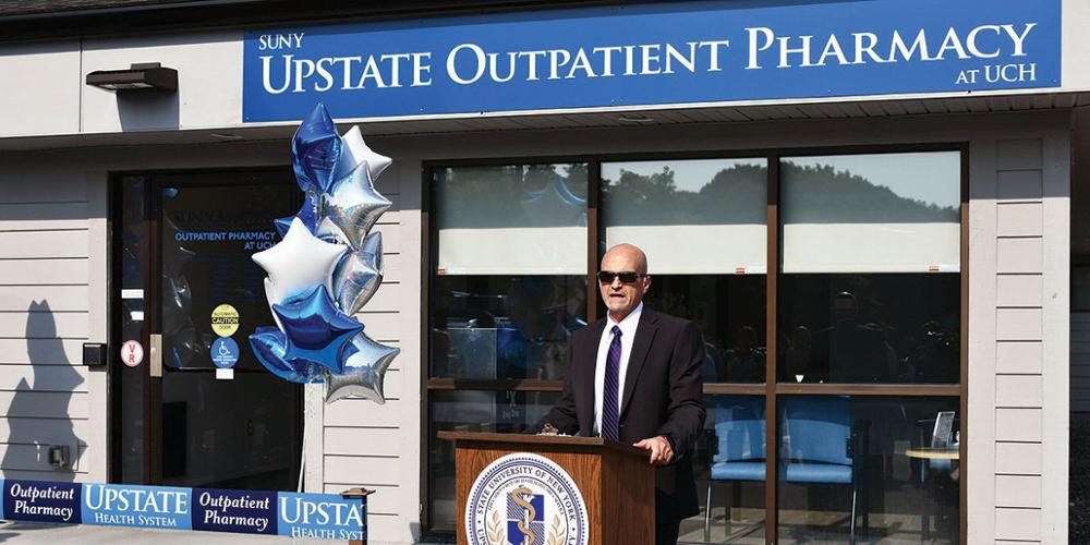 Upstate University Hospital CEO Robert Corona, DO,  at the opening of the Upstate Outpatient Pharmacy  on Onondaga Hill.  