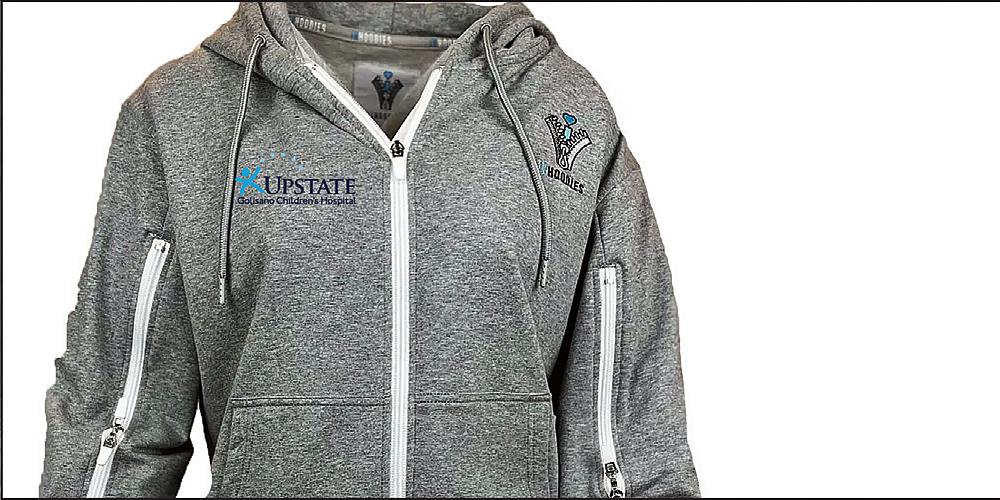 This IV hoodie can be worn while a child gets an infusion of medication, which can last for several hours. The sleeves can be be unzipped to allow the IV to be inserted into an arm.