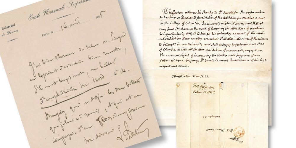 Among the archives and special collections at Upstate’s Health Sciences Library are a letter penned by Thomas Jefferson, right, and another by Louis Pasteur, left.