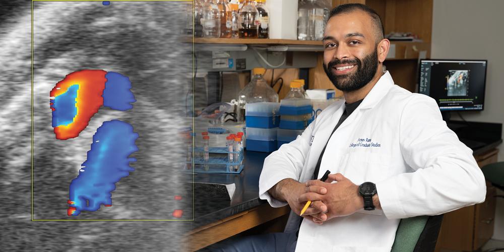 Arnav Rana, an MD/PhD student, in the lab (photo by Susan Kahn), and at left, a pulse wave doppler of a mouse heart (see last paragraph below for details).