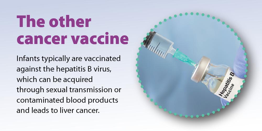 The other vaccine: Infants are typically vaccinated against the hepatitis B virus, which can be acquired through sexual transmission or contaminated blood products and leads to liver cancer.